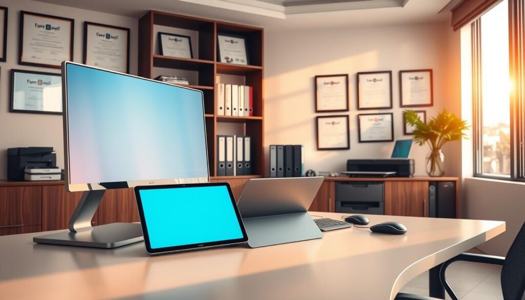 A meticulously designed office space, illuminated by warm, natural lighting filtering through large windows. On the desk, an array of cutting-edge digital tools - a high-resolution monitor, a sleek tablet, a state-of-the-art laptop, and a modern, ergonomic mouse. The shelves behind are neatly organized, housing medical reference books, folders, and a professional-grade printer. The walls are adorned with framed certificates and diplomas, conveying a sense of expertise and authority. The overall atmosphere is one of efficiency, innovation, and a commitment to providing the best possible care to patients.