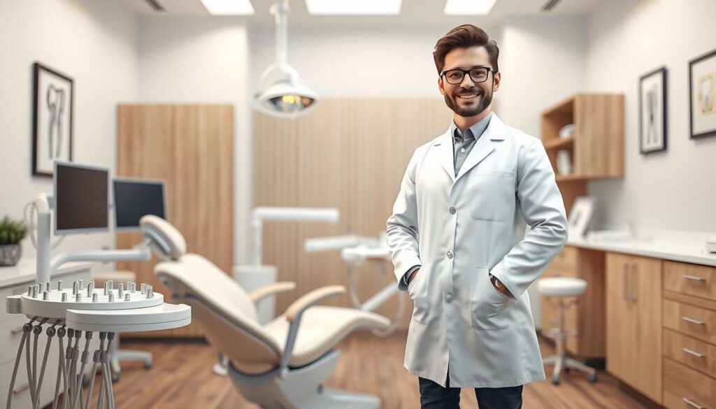 A meticulously detailed 3D rendering of a dental practitioner, wearing a crisp white coat, standing confidently in a modern, well-lit dental office. The persona's expression conveys a warm, approachable demeanor, inviting the viewer to engage. The foreground features state-of-the-art dental equipment, including a sleek, ergonomic chair and a gleaming array of tools. The middle ground showcases a tasteful, minimalist decor, with clean lines and soothing natural tones. The background subtly suggests an atmosphere of professionalism and care, with subtle nods to the dental industry, such as anatomical diagrams or certificates on the walls.