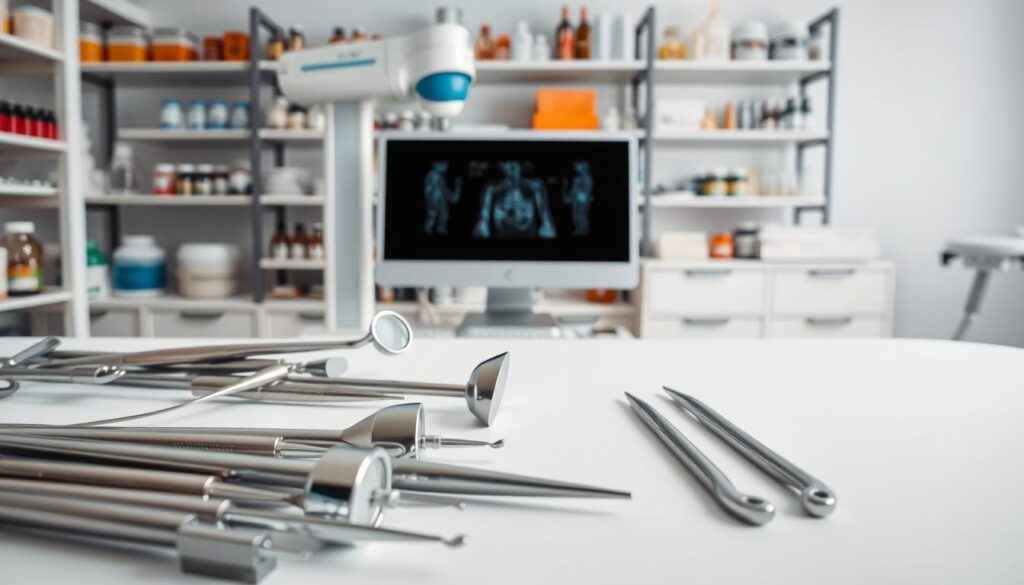 A meticulously detailed and vibrant still life composition depicting an assortment of professional dental tools and equipment. In the foreground, a crisp white backdrop showcases an array of gleaming metal instruments including dental mirrors, probes, and forceps. In the middle ground, a digital dental X-ray machine and a sleek computer monitor stand, casting a soft, even light over the scene. In the background, shelves holding various jars, vials, and other essential dental supplies create a sense of depth and a well-stocked, clinical workspace. The overall mood is one of precision, innovation, and the high standards of modern dental care.