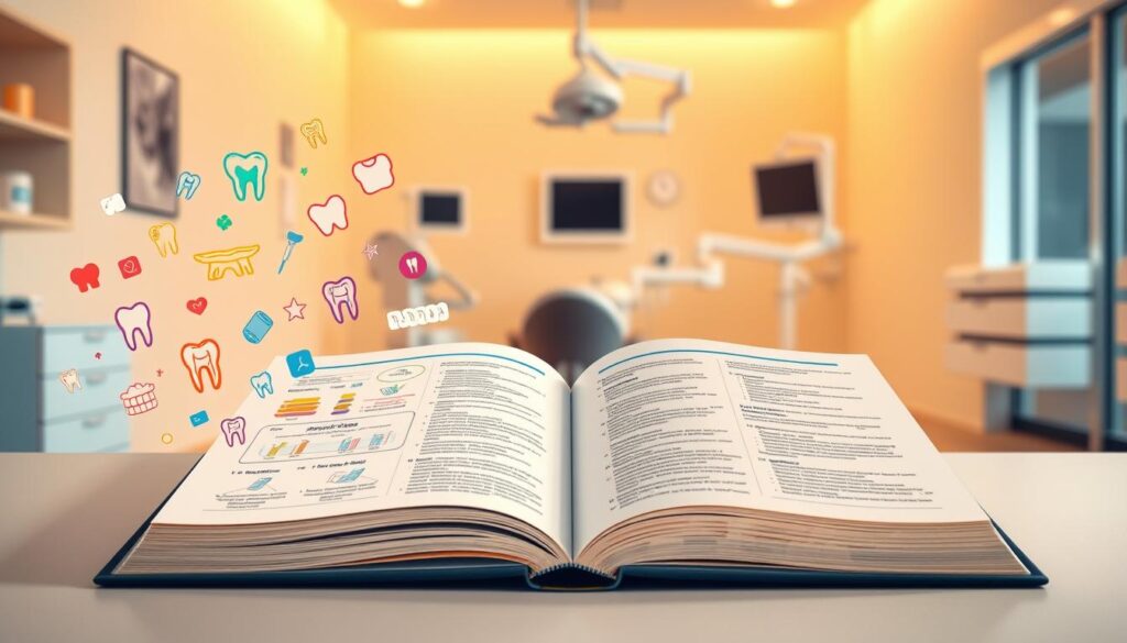 A meticulously detailed illustration of a comprehensive dental curriculum, captured in a sophisticated yet approachable style. In the foreground, vibrant icons and diagrams representing various dental specialties and procedures float gracefully against a soft, pastel-hued backdrop. The middle ground features an open textbook, its pages filled with neatly organized course outlines and lesson plans, conveying the depth and structure of the educational content. In the background, a serene dental office setting, with clean lines, modern equipment, and a sense of professionalism, suggests the practical application of the learned material. Warm, directional lighting casts a gentle glow, creating an inviting, educational atmosphere.