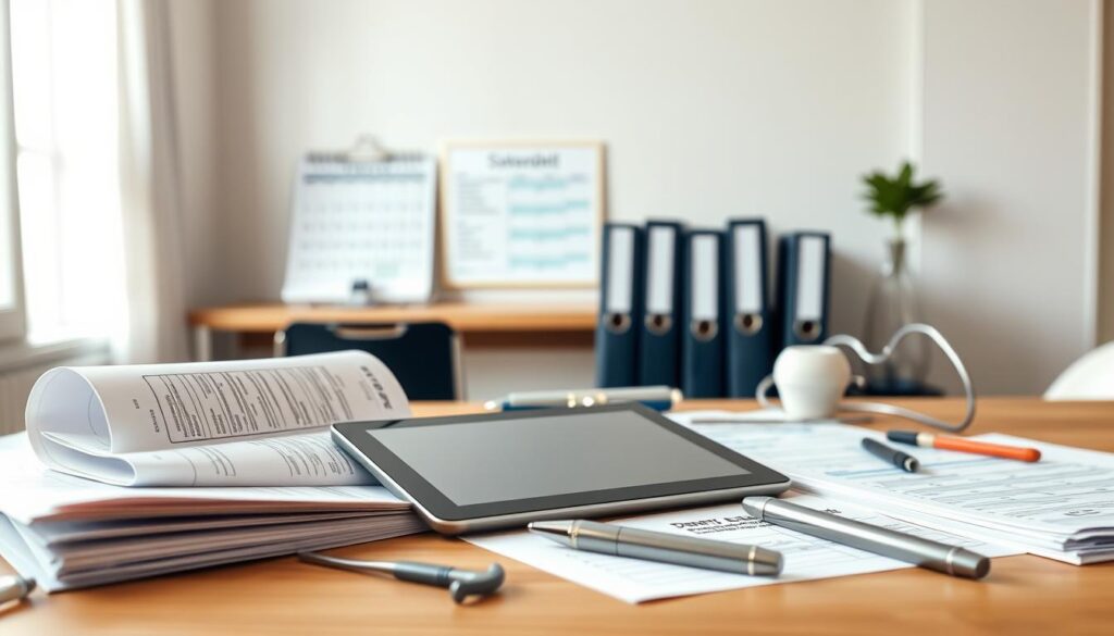 A meticulously detailed still life image of essential dental management tools, captured in a warm, professional studio setting. In the foreground, a diverse array of implements such as dental charts, patient records, and a modern tablet device, conveying the digital and analog aspects of efficient dental practice management. In the middle ground, key organizational tools like a calendar, scheduler, and filing system, highlighting the organizational backbone of a well-run dental office. In the background, a softly lit, minimalist office environment, suggesting a sense of order and productivity. The lighting is natural and diffused, creating a crisp, clean aesthetic. The overall composition and mood emphasize the importance of thoughtful, streamlined dental practice management.