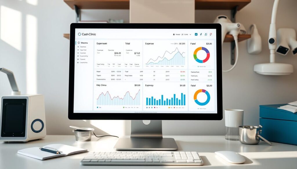 A meticulously organized cash flow dashboard for a dental clinic, showcasing detailed financial data and analytics displayed on a sleek, minimalist interface. The layout features a clean, grid-like structure with clearly labeled sections for income, expenses, and cash flow projections. Elegant data visualizations, such as line graphs and pie charts, provide an intuitive overview of the clinic's financial health. Soft, natural lighting illuminates the scene, creating a professional and reassuring atmosphere. The display is positioned on a desk, surrounded by medical equipment and supplies, conveying a sense of a well-managed, efficient dental practice.