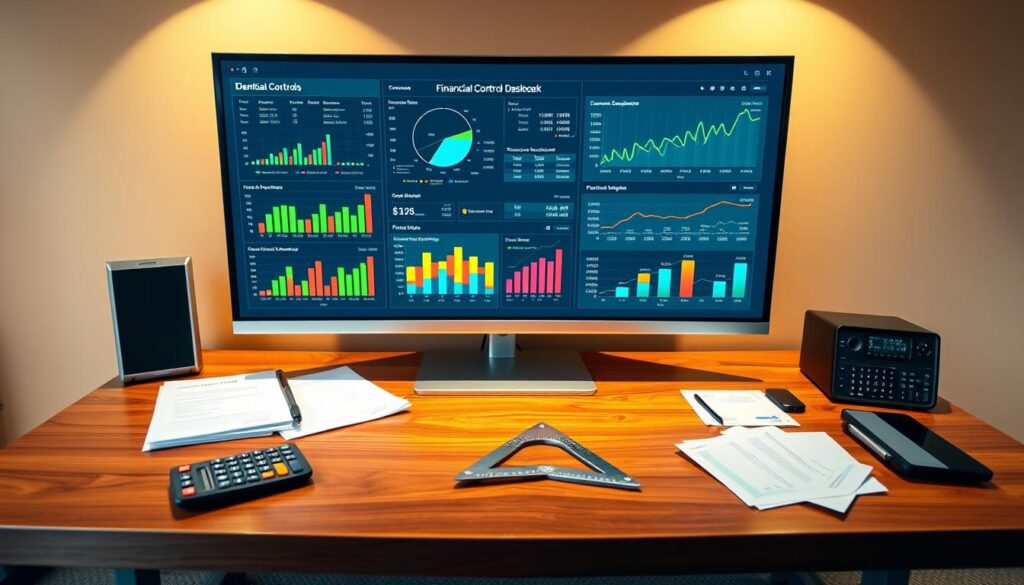 A meticulously organized financial control dashboard for a dental practice, illuminated by soft, diffused lighting from above. In the foreground, a sleek monitor displays colorful charts and graphs tracking key financial metrics like revenue, expenses, and cash flow. Surrounding it, various financial documents, calculators, and a stylized protractor symbolize the precision and attention to detail required for effective dental practice management. In the middle ground, a beautifully crafted wooden desk supports the setup, exuding a sense of professionalism and sophistication. The background features a warm, neutral-toned wall, creating a calming, focused atmosphere conducive to financial analysis and decision-making.