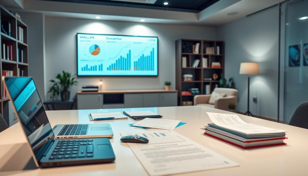 A meticulously organized office space with a modern and professional aesthetic. The foreground features a sleek desk with a laptop, a calculator, and neatly arranged financial documents. The middle ground showcases a wall-mounted display showcasing financial data and charts, illuminated by subtle overhead lighting. In the background, bookcases filled with reference materials and a cozy seating area create a sense of a well-appointed dental practice management office. The overall atmosphere conveys a harmonious blend of efficiency, attention to detail, and a commitment to financial control and optimization.