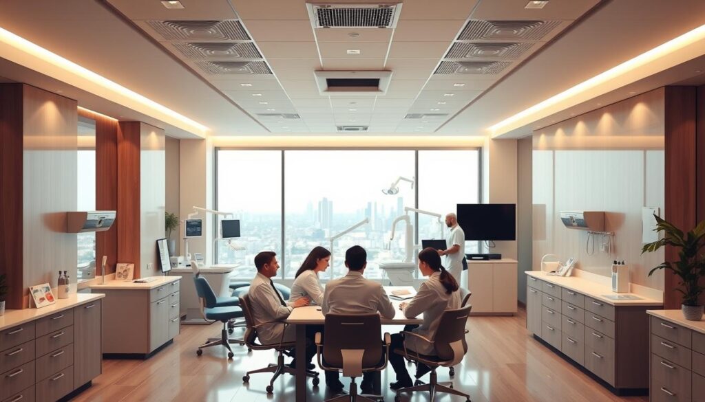 A meticulously planned dental clinic layout, with clean lines and modern furnishings. In the foreground, a team of dentists and staff gathered around a conference table, discussing strategic goals and patient-centric initiatives. The middle ground showcases state-of-the-art dental equipment and technology, reflecting a commitment to excellence. The background features a panoramic view of the city, symbolizing the clinic's vision to serve the community. Soft, directional lighting illuminates the scene, conveying a sense of professionalism and attention to detail. The overall atmosphere exudes a balance of clinical efficiency and patient-focused care, capturing the essence of strategic planning for a successful dental practice.