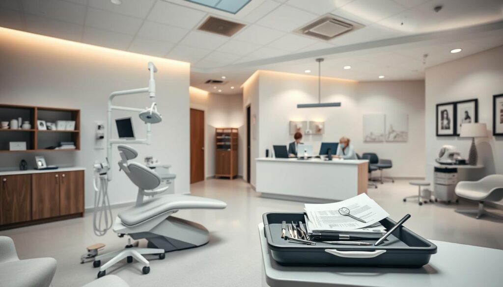 A minimalist, abstract medical clinic interior with subtle lighting, clean lines, and a calm, professional atmosphere. In the foreground, a patient chair, medical instruments, and a dental tool tray suggest common errors like poor equipment maintenance, disorganized workflow, and lack of attention to detail. The middle ground features a cluttered reception desk with outdated technology, piles of paperwork, and distracted staff, hinting at administrative mistakes. In the background, a dim, impersonal waiting area with generic decor conveys a detached, impersonal patient experience - a contrast to the welcoming, high-quality environment a successful dental practice should provide.