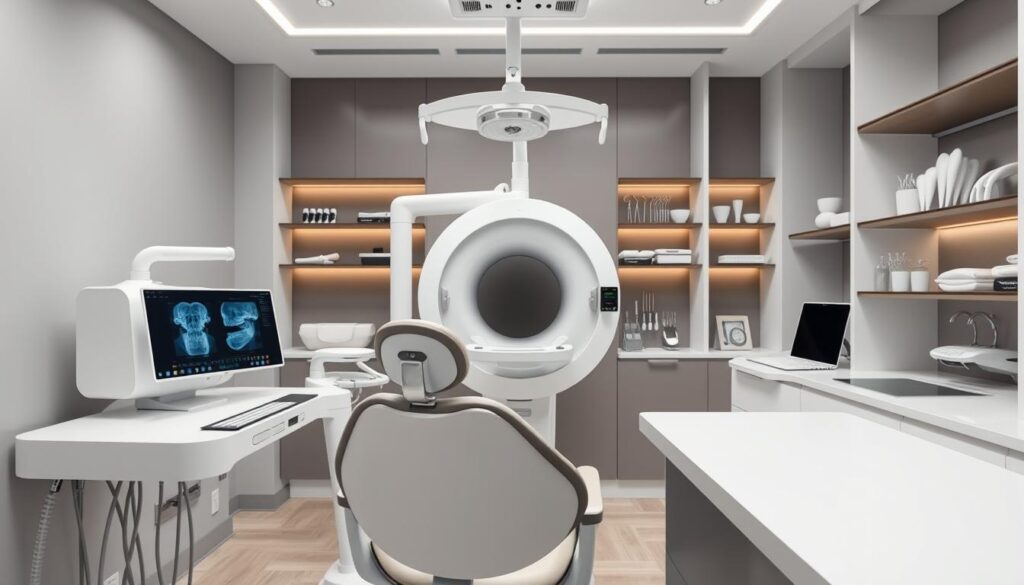 A minimalist, well-lit dental office interior, featuring modern dental equipment and technology. In the foreground, a dentist's chair with a sleek, ergonomic design, surrounded by a clean, sterile environment. On the counter, a state-of-the-art digital X-ray machine and a touchscreen display for patient records. The middle ground showcases a panoramic dental scanner, its futuristic design reflecting the cutting-edge nature of the clinic. In the background, shelves displaying advanced dental tools and instruments, all meticulously organized, conveying a sense of efficiency and professionalism. The overall atmosphere is one of innovation, precision, and a patient-centric approach to modern dental care.