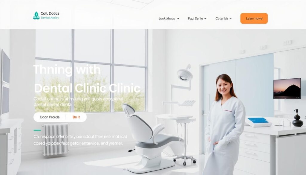 A modern, aesthetically-pleasing dental clinic website with a clean, minimalist design. The homepage features a large hero section showcasing a bright, airy interior with natural light streaming through large windows. The layout is intuitive and easy to navigate, with clear calls-to-action guiding users to book appointments, learn about services, and explore the clinic's credentials. The color palette is soothing, incorporating soft blues and grays to convey professionalism and trust. High-quality photos of the clinic, equipment, and smiling patients create a welcoming atmosphere. The responsive design ensures an optimal user experience across devices. Overall, the website conveys the clinic's commitment to exceptional dental care and patient satisfaction.