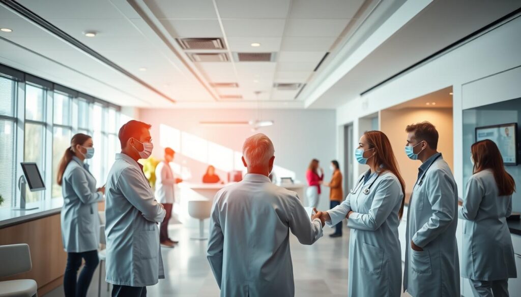 A modern, airy dental clinic interior with a vibrant, collaborative atmosphere. In the foreground, dentists and specialists shaking hands, discussing potential partnerships. In the middle ground, a reception area with a warm, inviting vibe and patients checking in. The background features a sleek, minimalist design with natural light flooding the space, highlighting the clinic's state-of-the-art equipment and facilities. A sense of professionalism, trust, and patient-centric care permeates the scene, showcasing the benefits of strategic partnerships for dental clinics.