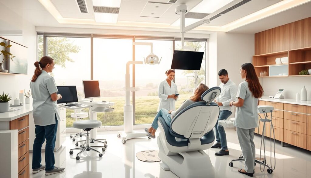 A modern, airy dental clinic interior with soft lighting and clean lines. In the foreground, a patient sits comfortably in a state-of-the-art examination chair, surrounded by attentive and empathetic dental staff. The middle ground showcases the clinic's sleek, ergonomic equipment and technology, conveying a sense of professionalism and efficiency. The background depicts a soothing, nature-inspired landscape visible through large windows, creating a calming, spa-like atmosphere that puts the patient at ease. The overall scene radiates a warm, welcoming ambiance that speaks to an exceptional patient experience tailored to the needs of the modern dental consumer.