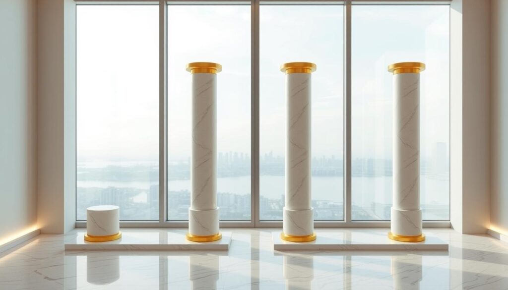 A modern and clean dental office interior, featuring four distinct columns or "pillars" representing the key elements of effective dental practice management. The columns are made of sleek white marble, with subtle gold accents. Soft, diffused lighting illuminates the scene, creating a warm and professional atmosphere. In the background, a large window offers a glimpse of a tranquil cityscape, reinforcing the idea of a well-managed, forward-thinking dental clinic. The composition is balanced and visually striking, inviting the viewer to contemplate the importance of these foundational "pillars" in delivering a superior patient experience.