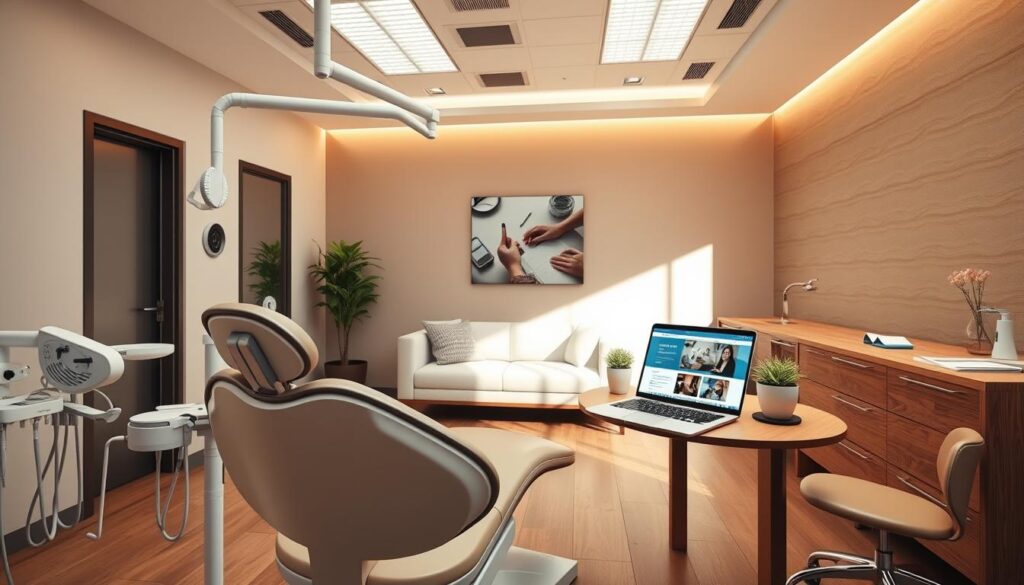 A modern and inviting dental clinic, bathed in warm, natural lighting. In the foreground, a dental chair with sleek, ergonomic design, surrounded by state-of-the-art dental instruments and equipment. In the middle ground, a patient consultation area featuring a comfortable couch and a wooden table with a laptop, showcasing engaging dental health content on the screen. In the background, a soothing, earthy color palette with subtle patterns on the walls, creating a calming atmosphere. The overall scene conveys a sense of professionalism, innovation, and a patient-centric approach to dental care.