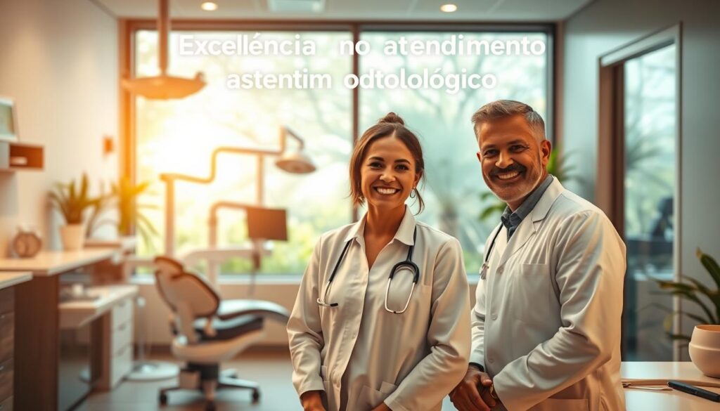 A modern and inviting dental clinic interior with a welcoming atmosphere. The foreground features a well-dressed and friendly dentist interacting with a patient, conveying a sense of professionalism and attentive care. The middle ground showcases state-of-the-art dental equipment and a clean, organized workspace. The background depicts a serene, nature-inspired setting with large windows, bringing in natural light and creating a calming, relaxing ambiance. The scene is illuminated by warm, soft lighting, enhancing the overall mood of excellence and exceptional service. The image aims to visually represent the concept of "Excelência no atendimento odontológico" - a high-quality, personalized dental experience that prioritizes patient comfort and satisfaction.