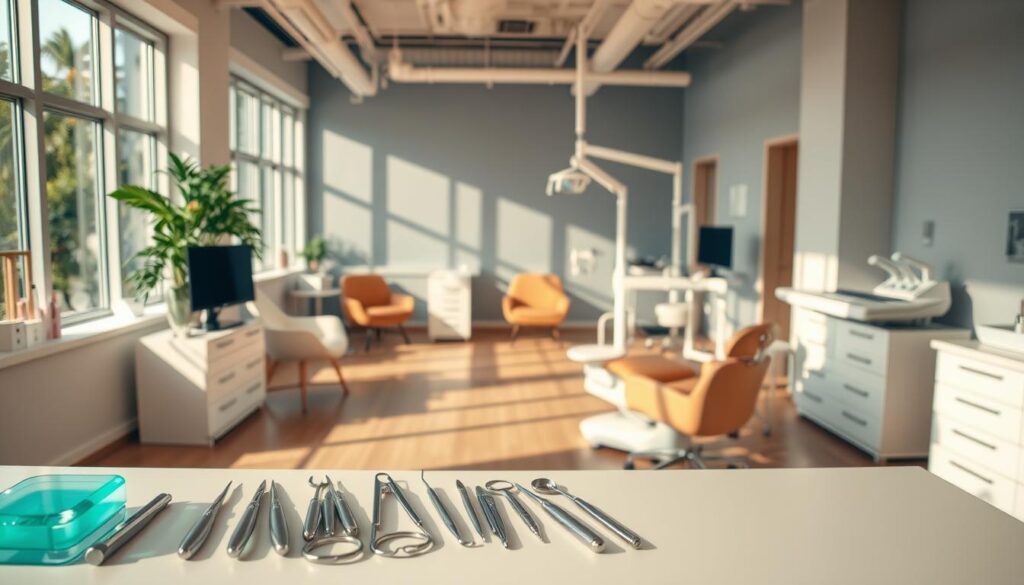 A modern and inviting dental office interior, with a warm, natural light filtering through large windows. In the foreground, a well-organized desk showcases various dental instruments and tools, symbolizing the professional expertise of the practice. The middle ground features comfortable seating areas and a calming color palette, creating a welcoming atmosphere for patients. In the background, state-of-the-art medical equipment and technological advancements are subtly displayed, highlighting the benefits of being an established dental professional with access to the latest innovations. The overall scene conveys a sense of professionalism, efficiency, and a commitment to patient care.