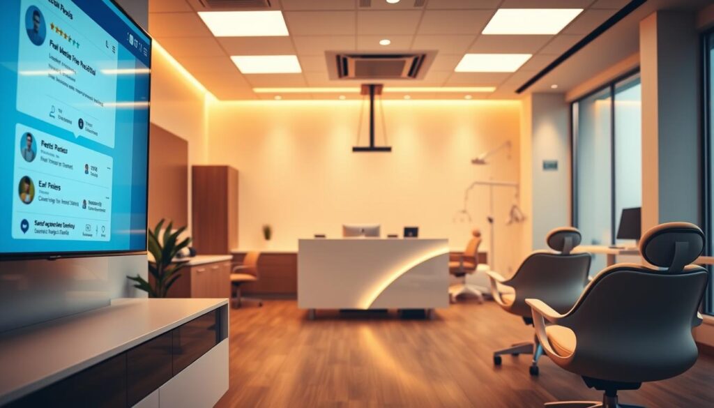 A modern and minimalist dental clinic interior, showcasing digital marketing elements. Warm lighting illuminates the foreground, featuring a large TV screen displaying social media posts, online reviews, and a professional dental logo. In the middle ground, an elegant reception desk with a sleek computer setup, while the background reveals stylish chairs and dental equipment, conveying a sense of professionalism and technology-driven patient experience. The overall mood is one of sophistication, efficiency, and a strong digital presence tailored for the modern dental practice.