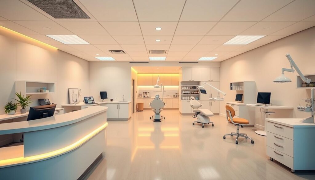 A modern and minimalist dental clinic interior, with clean lines, warm lighting, and a focus on efficiency and organization. The foreground features a reception desk with a sleek, uncluttered design, and a waiting area with comfortable seating. The middle ground showcases a series of examination rooms, each with state-of-the-art dental equipment and ergonomic layouts to optimize patient flow and staff productivity. The background depicts a well-stocked supply room and a bright, airy staff lounge, promoting a sense of order and professionalism throughout the clinic. The overall atmosphere conveys a sense of calm, efficiency, and a commitment to delivering high-quality dental care.