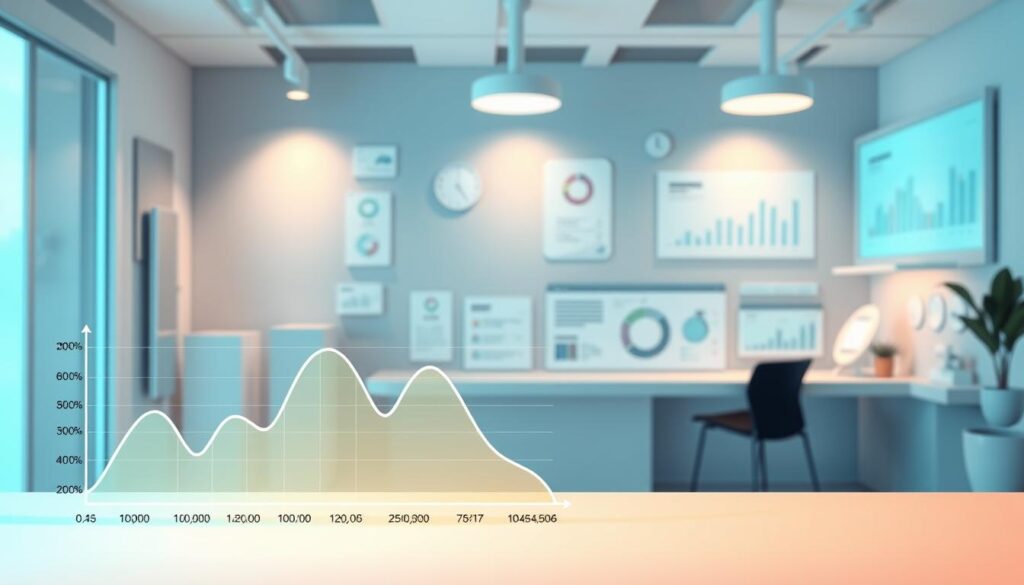 A modern and minimalist dental clinic's cash flow visualization. In the foreground, a stylized financial graph depicting revenue, expenses, and profit margins over time, rendered in a clean, infographic-style aesthetic. The middle ground showcases various financial management tools and reports, such as invoices, ledgers, and dashboards, all with a professional, streamlined design. In the background, a serene healthcare environment with subtle medical iconography and calming pastel tones, conveying a sense of efficiency and control over the clinic's financial operations. Soft, directional lighting illuminates the scene, creating depth and emphasizing the key visual elements. The overall mood is one of organized, data-driven financial optimization for a thriving dental practice.
