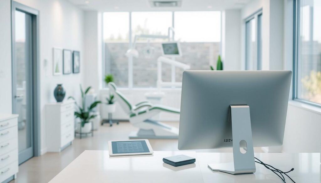 A modern and minimalist dental office interior, showcasing the advantages of a dental practice management software. In the foreground, a clean and well-organized reception desk with a computer and tablet, symbolizing digital record-keeping and patient scheduling. The middle ground features a sleek, ergonomic dental chair with advanced equipment, hinting at improved patient care and efficiency. The background depicts a bright, airy space with large windows, natural lighting, and calming plant decor, creating a welcoming and relaxing atmosphere. The overall scene conveys a sense of professionalism, organization, and technological integration that enhances the dental experience.