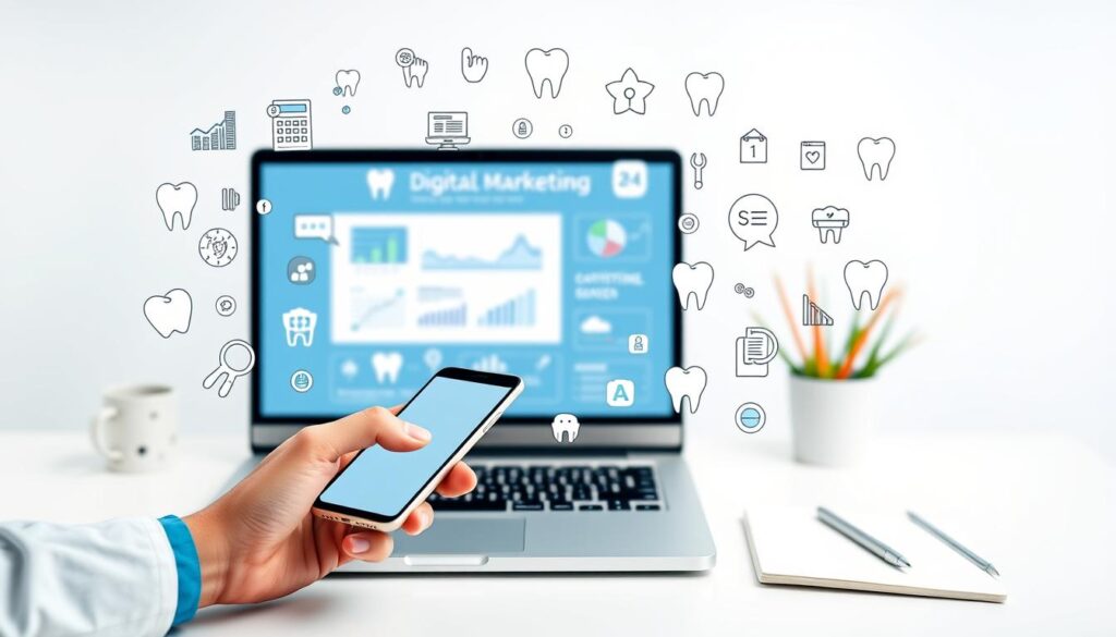 A modern and minimalist digital marketing strategy for dentists, featuring a clean desktop setup with a laptop, smartphone, and various digital marketing icons and illustrations. The foreground showcases a dentist's hand using a smartphone, highlighting the importance of mobile-friendly content and online engagement. The middle ground displays a laptop screen with infographic elements, representing data analysis and campaign planning. The background has a soft, blurred gradient in calming dental-inspired tones, creating a professional and trustworthy atmosphere. The overall composition conveys a comprehensive, tech-savvy approach to digital marketing for dental practices.