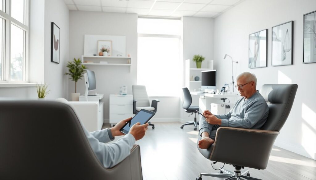 A modern and minimalist medical clinic interior, with a patient sitting in a comfortable chair using a tablet device. The room is well-lit with natural light pouring in through large windows, creating a calming and inviting atmosphere. The doctor's desk in the background features a sleek desktop computer and an array of medical equipment, suggesting the integration of technology in patient care. The walls are adorned with soothing artwork, and the overall design exudes a sense of trust and professionalism, reflecting the clinic's dedication to patient-centric services.