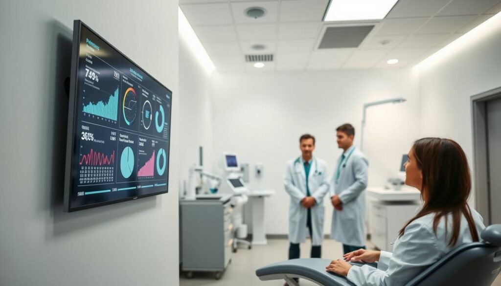 A modern and minimalist medical office interior, with a clean and professional atmosphere. The foreground features a large, sleek display screen mounted on the wall, showcasing various performance metrics and analytics relevant to a dental clinic's operations. In the middle ground, a team of healthcare professionals, dressed in white lab coats, are engaged in a discussion, reviewing the data and insights presented on the screen. The background depicts a serene and calming environment, with soft, indirect lighting, neutral-colored walls, and discreet medical equipment, creating a sense of order and efficiency. The overall composition conveys a sense of data-driven decision-making, evidence-based practices, and a commitment to continuous improvement within the dental healthcare setting.