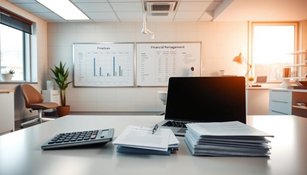 A modern and organized dental office with a focus on financial management. The foreground shows a clean, well-lit desk with a laptop, calculator, and neatly arranged financial documents. In the middle ground, a whiteboard displays a budget breakdown and key performance metrics. The background features warm, natural lighting filtering through large windows, creating a professional yet inviting atmosphere. The overall scene conveys a sense of efficiency, attention to detail, and a commitment to sound financial practices in the dental practice.