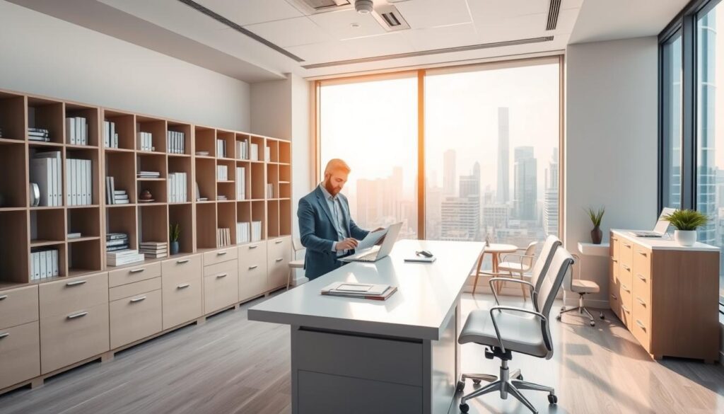 A modern and organized dental office with efficient financial management. In the foreground, a clean and well-stocked reception area with a minimalist white desk and chairs. In the middle ground, an accountant reviewing financial reports on a laptop, surrounded by orderly bookshelves and filing cabinets. In the background, a large window overlooking a bustling city skyline, bathed in warm, golden afternoon light. The overall atmosphere conveys professionalism, attention to detail, and a well-run, prosperous dental practice.