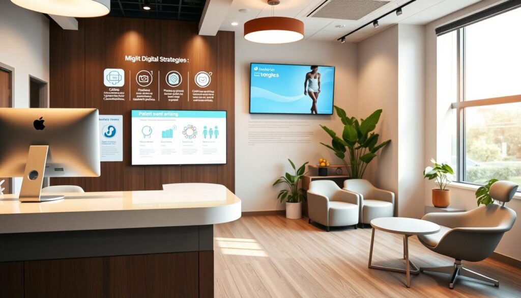A modern and professional dental clinic interior with a focus on digital strategies. In the foreground, a stylish reception desk with a sleek computer setup and a tablet for patient check-in. The middle ground features a bright, airy waiting area with comfortable chairs and plants, highlighting the clinic's emphasis on wellness. In the background, a wall-mounted screen displays infographics and information about the clinic's digital services, such as online appointment booking, telemedicine consultations, and patient portals. The lighting is warm and inviting, creating a calming atmosphere. The overall composition conveys a sense of technological innovation and patient-centric care within a sophisticated, design-forward dental practice.
