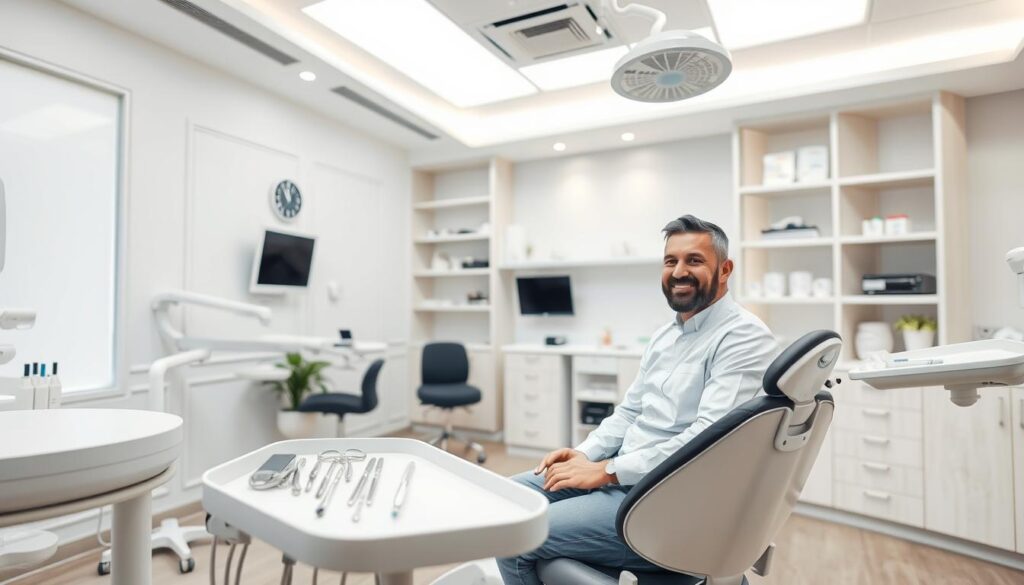A modern and professional dental clinic interior with bright, clean lighting. In the foreground, a happy patient sits in the dental chair, receiving a consultation from a smiling dentist. In the middle ground, various dental tools, equipment, and supplies are neatly organized on trays and shelves, conveying the clinic's high-tech and state-of-the-art capabilities. The background features elegant, minimalist decor with a soothing color palette, creating a calming and inviting atmosphere. The overall scene radiates a sense of trust, expertise, and patient-centric care, highlighting the key advantages of effective marketing for this dental practice.