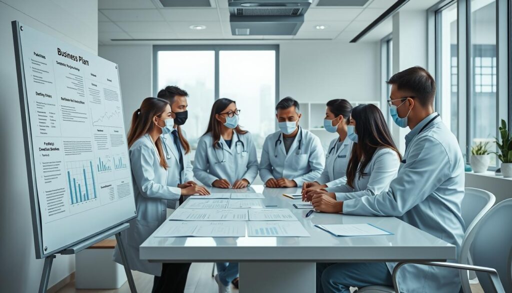 A modern and professional dental office with a team of experienced dentists and dental assistants engaged in a strategic planning session. The foreground features a large whiteboard with a detailed business plan, growth projections, and key performance indicators. The middle ground shows the dentists and staff gathered around a sleek conference table, deep in discussion. The background showcases the office's clean, minimalist design with natural lighting streaming in through large windows. The overall mood is one of focused collaboration, data-driven decision making, and a commitment to the practice's long-term success.