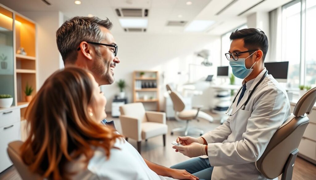 A modern and professional dental office with sleek, minimalist design. In the foreground, a patient is being attended to by a friendly, attentive dentist, capturing the individualized patient care. The middle ground showcases a waiting area with comfortable seating and soothing decor, creating a calming atmosphere. The background features state-of-the-art dental equipment and technology, conveying the clinic's commitment to high-quality care. Warm, natural lighting accentuates the clean, organized space, reflecting an efficient and well-managed practice. The overall scene exudes a sense of trust, efficiency, and patient-centric focus.