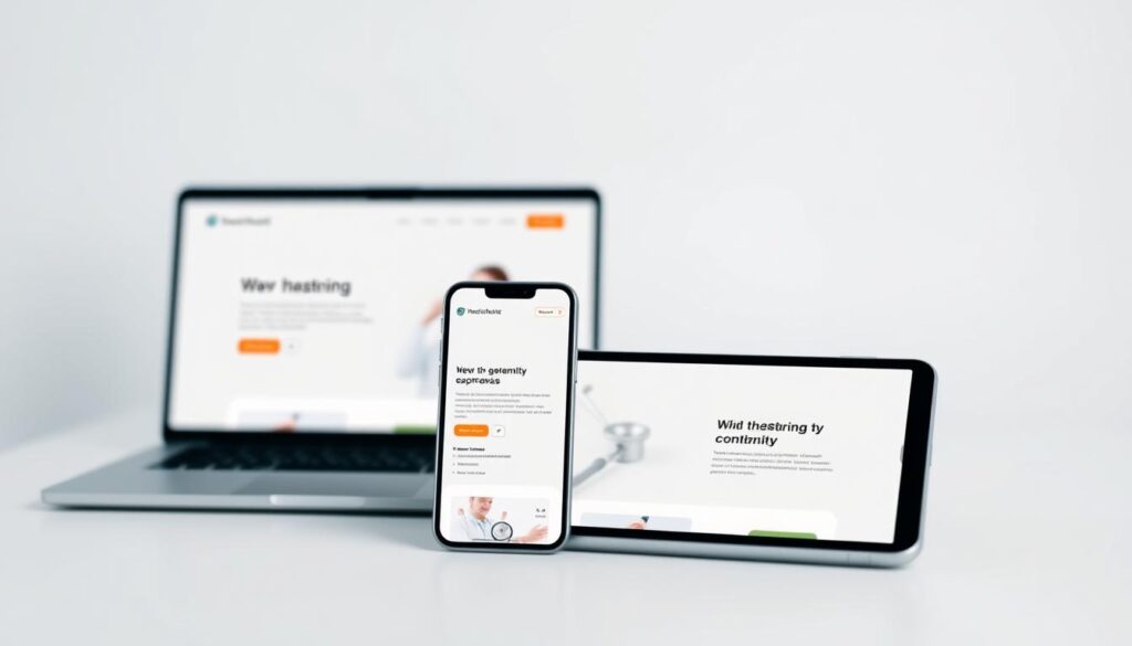 A modern and professional digital presence for a medical clinic, with a clean and minimalist design. In the foreground, a laptop or tablet display showcases a sleek, responsive website with a warm, neutral color palette and clear, easy-to-navigate layout. The middle ground features a smartphone displaying a mobile-optimized version of the website, demonstrating the clinic's mobile-friendly approach. In the background, a subtle pattern or graphic element, such as a medical-themed icon or subtle texture, adds visual interest and reinforces the clinic's branding. The overall atmosphere conveys a sense of trust, accessibility, and a commitment to providing a seamless digital experience for patients.