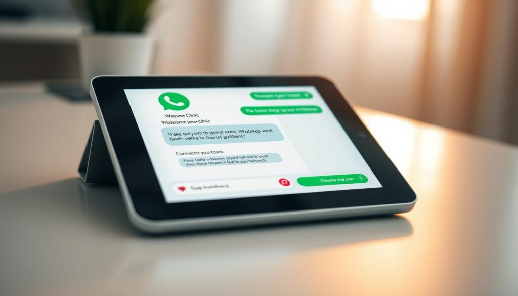 A modern and professional-looking WhatsApp chat interface displayed on a tablet device, showcasing a clinic's customer service and marketing capabilities. The screen features a clean and minimalist design, with a welcoming greeting message and options for customers to easily connect with the clinic's team. The tablet is placed on a light-colored desk or table, with a warm, natural lighting illuminating the scene. The overall composition conveys a sense of efficiency, accessibility, and a patient-centric approach to digital communication in a healthcare setting.