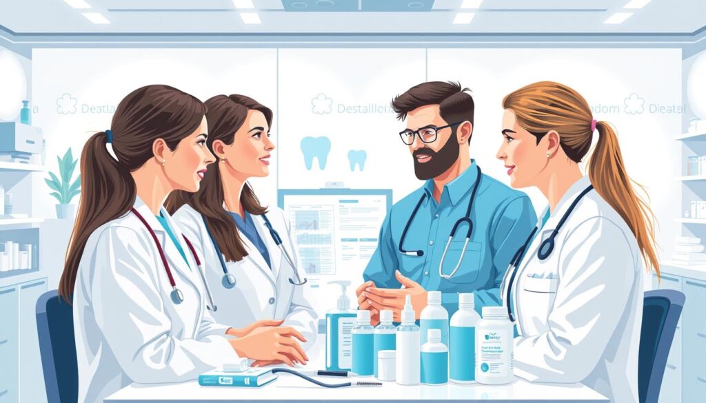 A modern and professional-looking dental education illustration showcasing dental health resources. In the foreground, a group of dentists and dental hygienists engaged in a discussion, their expressions conveying authority and expertise. In the middle ground, a collection of dental equipment, charts, and dental care products. In the background, a bright, clean, and minimalist medical/healthcare setting, with subtle branding elements that suggest a digital/online platform. The overall composition should communicate a sense of authority, credibility, and educational value for dental professionals.