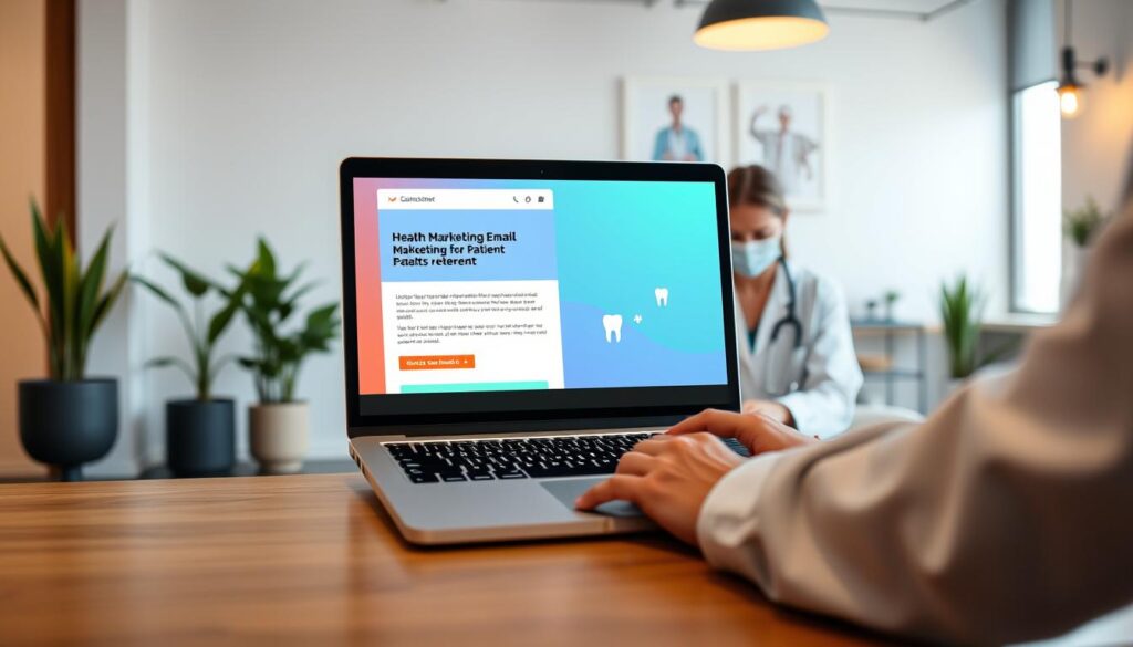 A modern and professional-looking email marketing campaign for patient retention. In the foreground, a laptop screen displays a sleek email template with a vibrant header image, eye-catching call-to-action buttons, and personalized content. In the middle ground, a healthcare professional is composing the email on the laptop, conveying the personalized, relationship-building nature of the campaign. The background features a clean, minimalist office setting with potted plants, warm lighting, and subtle healthcare-related decor, creating a calming, trustworthy atmosphere. The overall scene should evoke a sense of efficiency, patient-centricity, and digital savvy in the dental practice's marketing efforts.