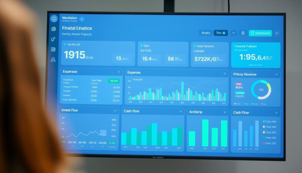 A modern and professional-looking financial management dashboard for a dental practice, displaying key metrics such as revenue, expenses, and cash flow. The layout is clean and intuitive, with clear data visualizations and interactive controls. The color scheme is calming and suited for a healthcare setting, with shades of blue and green. The dashboard is presented on a large, high-resolution display, with a subtle depth of field effect to draw the viewer's attention to the central information. The overall mood is one of efficiency, organization, and data-driven decision-making, conveying a sense of control and confidence in the practice's financial health.