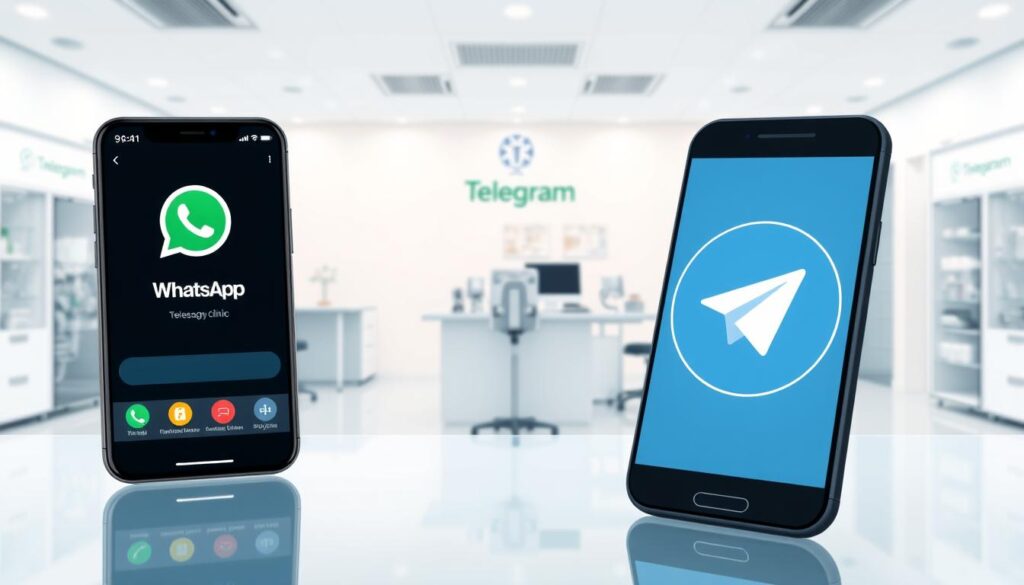 A modern and professional-looking illustration of two popular messaging apps, WhatsApp and Telegram, in use by a successful medical clinic. The foreground features the app icons and interfaces displayed on sleek, contemporary smartphones against a clean, minimalist backdrop. The middle ground showcases medical equipment and office supplies, suggesting the applications' integration into the clinic's daily operations. The background depicts a bright, well-lit interior with subtle branding elements, conveying a sense of efficiency, technology, and healthcare professionalism. The overall atmosphere is one of seamless digital integration, enhancing the clinic's marketing and communication capabilities.