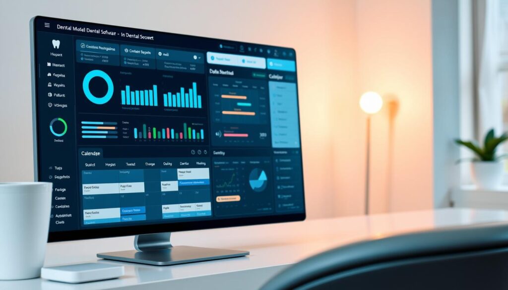 A modern and stylish dental clinic software application, showcased against a clean and minimalist background. The foreground features a sleek user interface with intuitive navigation, data visualization dashboards, and integrated patient management tools. The middle ground highlights a sophisticated calendar system, allowing seamless appointment scheduling and patient record-keeping. In the background, a warm lighting setup illuminates the scene, creating a sense of professionalism and efficiency. The overall atmosphere conveys a technological, yet human-centric approach to dental practice management, suitable for a medical article discussing the merits of paid clinic software solutions.