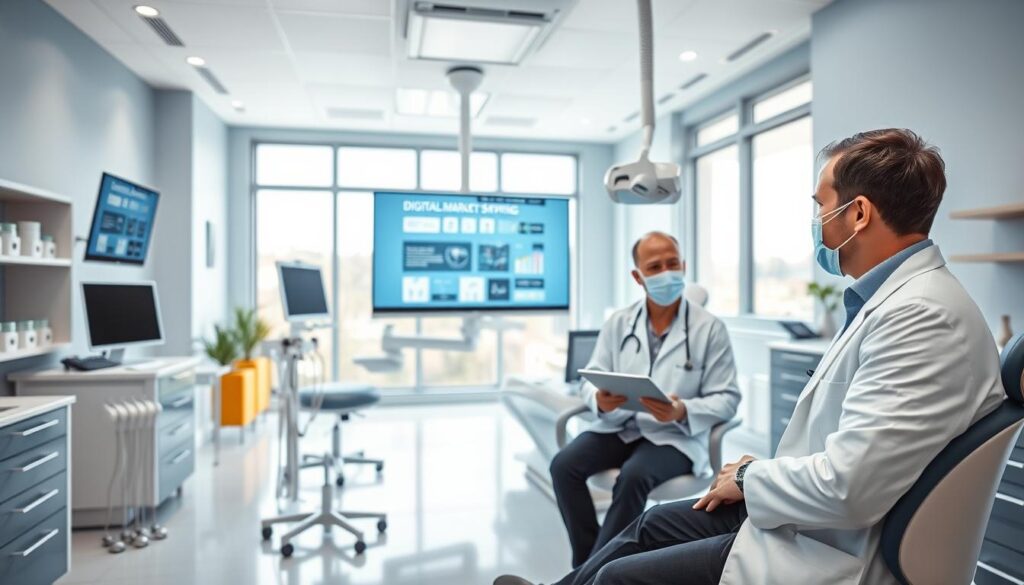 A modern and vibrant dental clinic interior with clean, minimalist design elements. In the foreground, a dentist consults with a patient, discussing digital marketing strategies projected on a large display screen. The middle ground features dental equipment and tools neatly arranged, conveying a sense of professionalism. The background showcases an open, airy layout with large windows allowing natural light to pour in, creating a calming, welcoming atmosphere. The color palette features soothing blues, grays, and whites, further enhancing the clinic's contemporary, tech-savvy vibe. Crisp, high-resolution photography with a shallow depth of field, capturing the essence of strategic digital marketing for a successful dental practice.