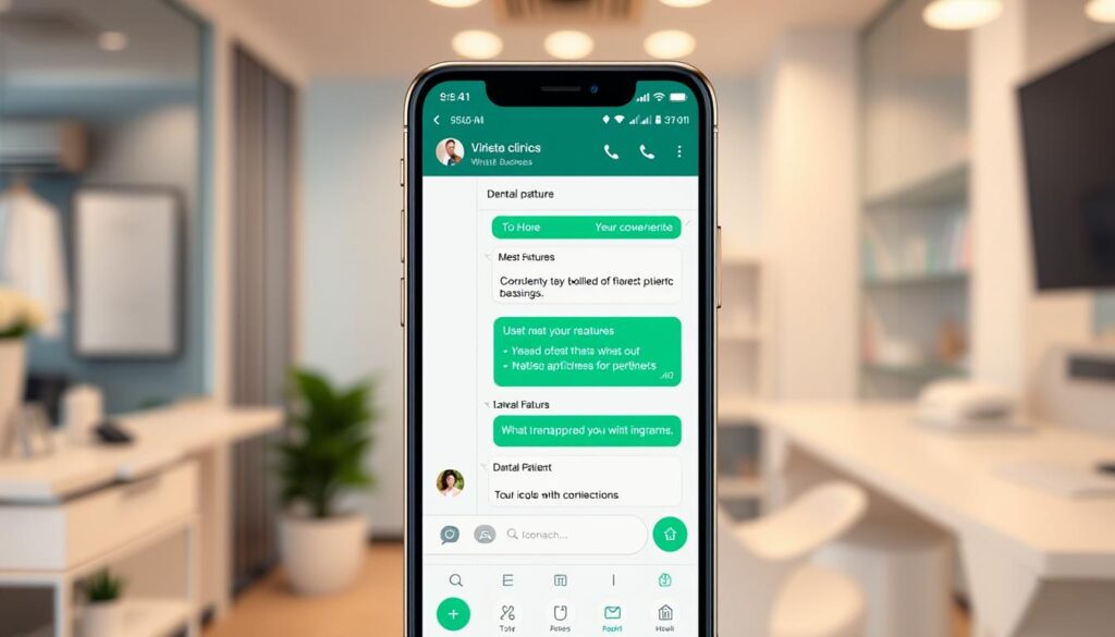 A modern and visually appealing mobile app interface showcasing the key features of WhatsApp Business for dental clinics. The screen displays a clean and intuitive layout with icons, menus, and messaging tools tailored for effective patient communication. The app is set against a blurred background of a professional dental office, conveying the integration of digital and physical spaces. Warm lighting and muted colors evoke a sense of trustworthiness and care, essential for the dental industry. The overall composition balances simplicity and functionality, reflecting the app's purpose of enhancing the patient experience.