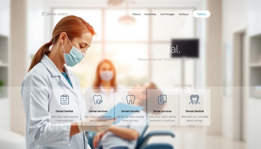 A modern and visually captivating dental clinic website with a clean, minimalist design. The homepage features a large hero image showcasing a professional dentist interacting with a patient, conveying a sense of care and expertise. The middle ground shows various dental services offered, each represented by an elegant icon and brief description. In the background, a soft, blurred panoramic view of the clinic's interior creates a calming, inviting atmosphere. Subtle lighting from large windows casts a warm glow, enhancing the professional and trustworthy ambiance. The overall composition strikes a balance between clinical credibility and patient-centric approachability, perfectly encapsulating the clinic's online presence.