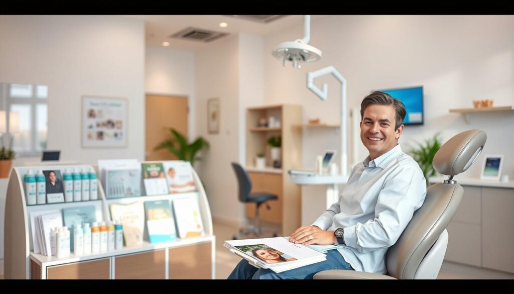 A modern and welcoming dental office setting, with a bright, airy atmosphere. In the foreground, a smiling patient sits comfortably in an examination chair, receiving attentive care from a friendly dental professional. In the middle ground, a display of dental hygiene products and educational materials, inviting patients to learn about oral health. The background features clean, minimalist decor, with soft lighting and calming colors, conveying a sense of trust and professionalism. The overall scene communicates the clinic's focus on patient-centric care and a commitment to providing valuable content to educate and engage its clientele.