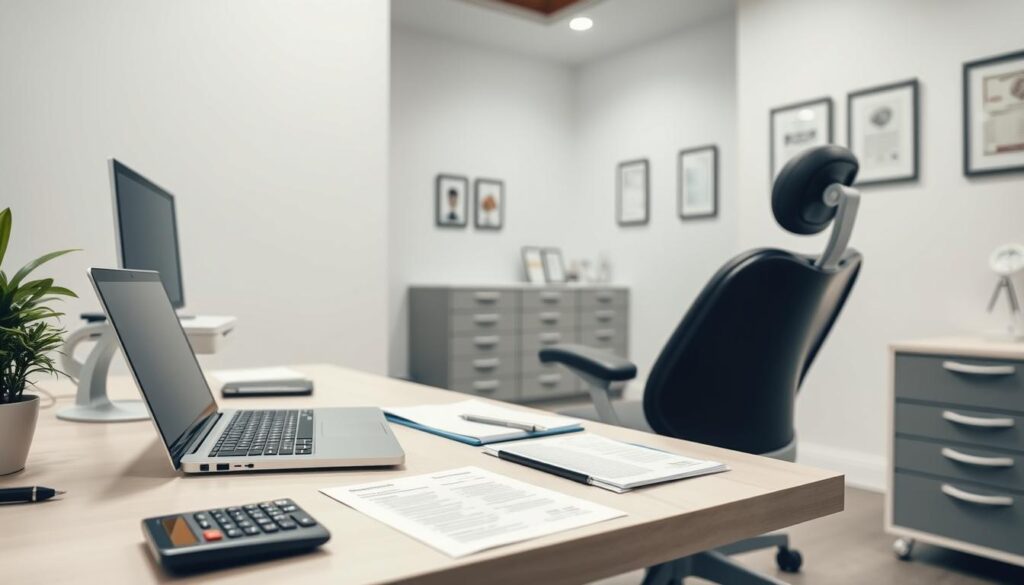 A modern and well-organized dental clinic office, with a focus on financial management. The foreground features a neatly arranged desk with a laptop, calculator, and various financial documents. The middle ground shows an ergonomic swivel chair and filing cabinets, conveying a sense of efficiency and organization. The background showcases clean, minimalist walls with subtle decor, such as framed certificates or artwork, creating a professional and welcoming atmosphere. The lighting is soft and evenly distributed, creating a calming and productive ambiance. The overall composition suggests a harmonious blend of clinical excellence and sound financial practices, reflecting the expertise and attention to detail required for successful dental clinic management.