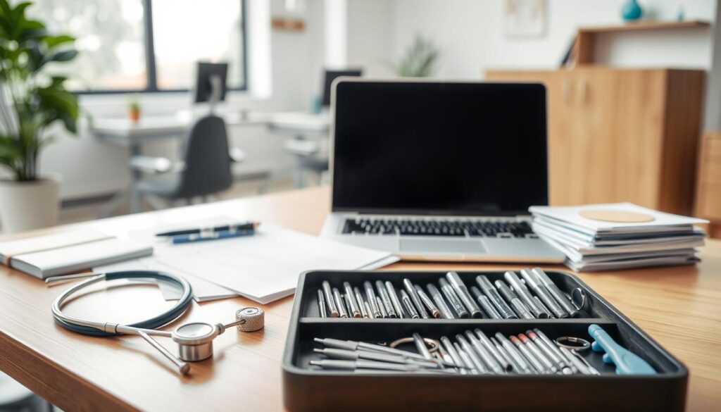 A modern and well-organized dental office, with a variety of medical tools and equipment neatly arranged on a clean, wooden desk. In the foreground, a stethoscope, dental mirror, and a pair of surgical gloves sit alongside a laptop computer and a stack of papers, representing the management aspect of dental practice. The middle ground showcases a variety of dental instruments, such as dental picks, drills, and syringes, all meticulously organized in a tool tray. In the background, a bright, airy room with large windows lets in natural light, creating a calming and professional atmosphere. The overall scene conveys a sense of efficiency, attention to detail, and a harmonious balance between the clinical and administrative aspects of dentistry.