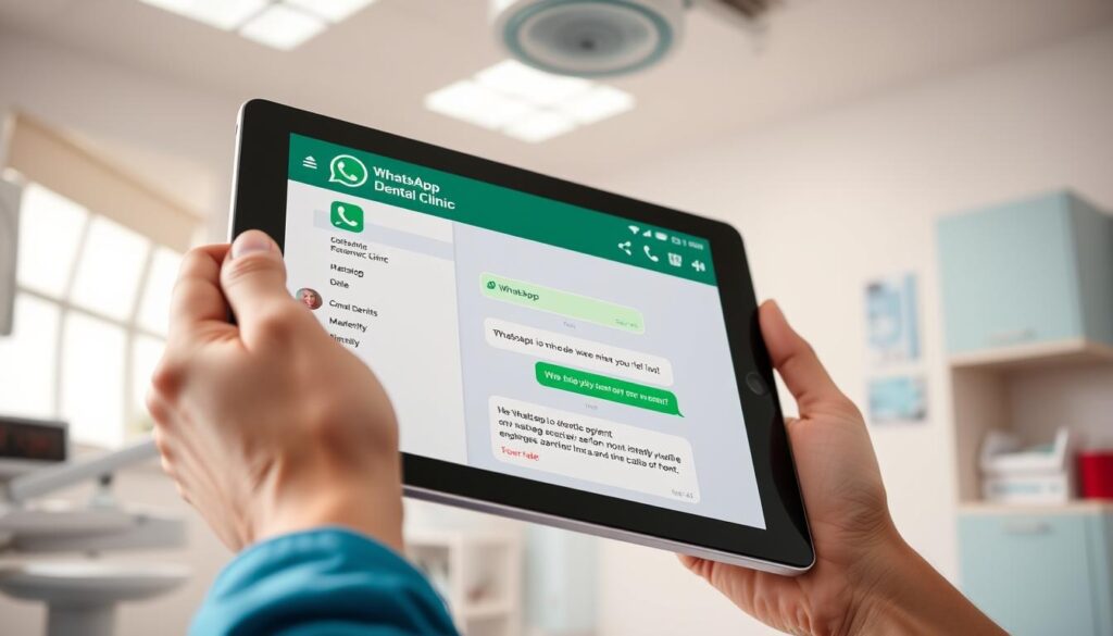 A modern, clean WhatsApp user interface displayed on a tablet device, with a dental clinic's logo and branding prominently featured. The screen shows a conversation with a patient, highlighting how the clinic uses WhatsApp for communication and marketing. The tablet is held by a healthcare professional in a bright, well-lit medical office setting, conveying a sense of professionalism and efficiency. Soft, natural lighting creates a warm, approachable atmosphere, emphasizing the clinic's focus on patient-centric care.