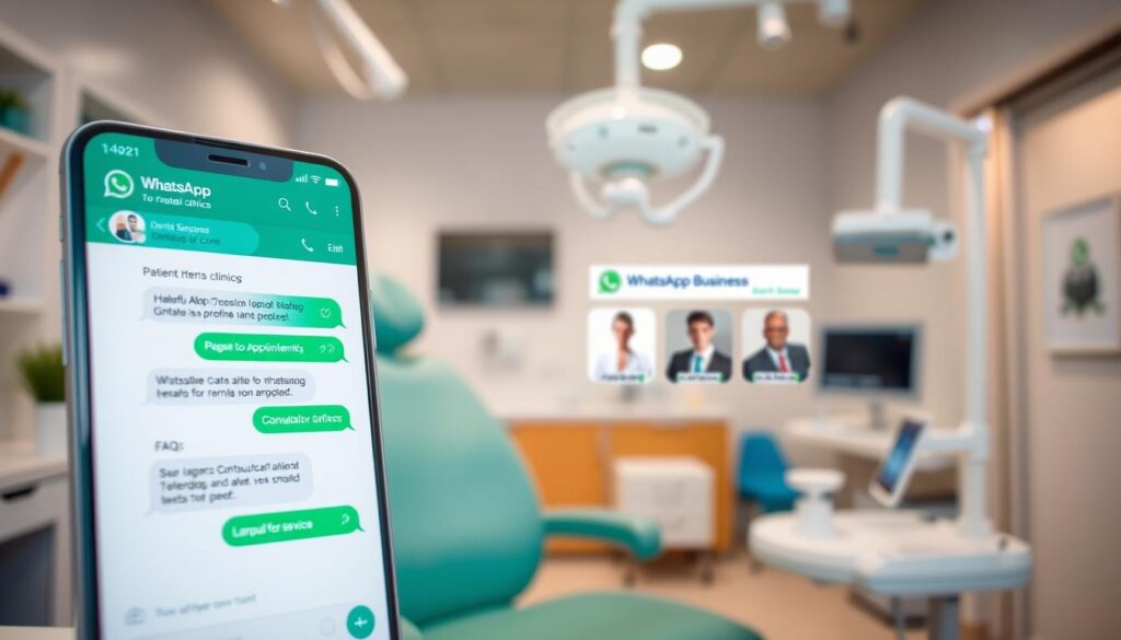 A modern, clean and professional-looking WhatsApp interface showcasing features tailored for dental clinics. In the foreground, a patient's WhatsApp chat with the clinic, displaying helpful information and options like appointment booking, consultation requests and FAQs. In the middle ground, a grid of WhatsApp Business profile images for different clinic services and staff members. In the background, a blurred view of a dental office interior with medical equipment, creating a healthcare setting. The lighting is soft and natural, conveying a sense of approachability and care. The overall mood is one of convenience, efficiency and patient-centric digital services for a dental practice.
