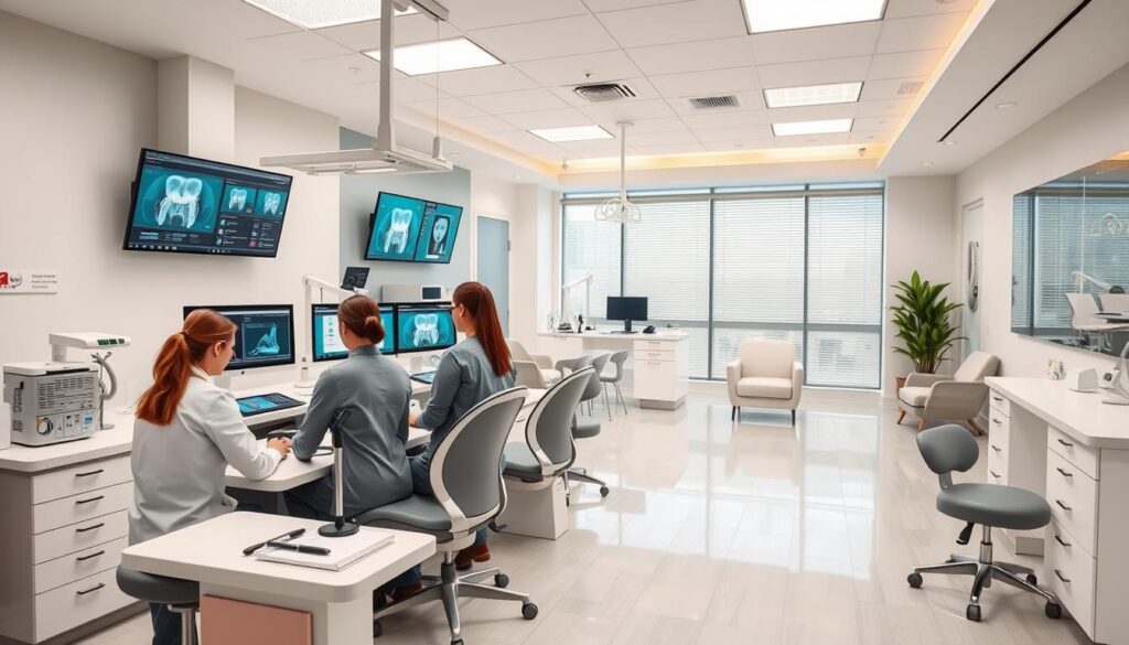 A modern, clean dental clinic with a focus on efficient workflows and patient-centric processes. In the foreground, a team of dental professionals collaborating at a sleek workstation, surrounded by state-of-the-art equipment and digital displays showcasing patient data and treatment plans. The middle ground features a well-organized, ergonomic layout with designated areas for consultation, examination, and treatment. In the background, a bright, airy waiting room with comfortable seating and soothing decor, creating a welcoming atmosphere for patients. The overall scene conveys a sense of professionalism, innovation, and a commitment to delivering high-quality, personalized dental care.