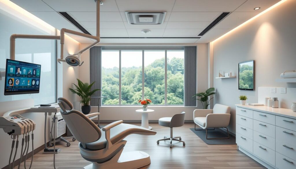 A modern, clean dental office interior with stylish modular furniture and equipment arrangements. The foreground features an ergonomic dentist's chair, dental instruments, and a digital display screen showcasing various modules of a dental clinic management course. The middle ground depicts a well-organized, bright and airy reception area with minimalist seating and decor. The background includes a panoramic window overlooking a lush, verdant landscape, creating a calming, professional atmosphere. The lighting is a combination of warm, diffused natural light and subtle, indirect artificial illumination, accentuating the sleek, minimalist aesthetic. The overall mood conveys a sense of efficiency, comfort, and educational focus tailored for a dental clinic management course.