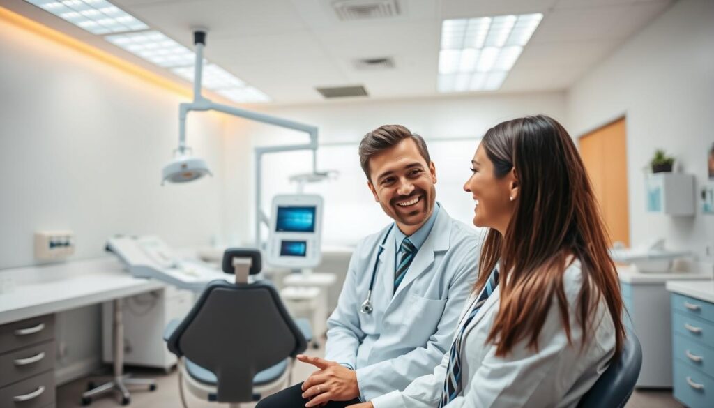 A modern, clean dental office with a reception area, examination rooms, and dental equipment. The foreground features a smiling dentist consulting with a patient, discussing the benefits of comprehensive dental practice management. The middle ground showcases various dental tools and technologies, highlighting the efficiency and advanced capabilities of the practice. The background depicts a serene, well-lit, and organized workspace, conveying a sense of professionalism and patient-centered care. The lighting is warm and inviting, creating a calming atmosphere. The angle is slightly elevated, providing a broad, comprehensive view of the dental office and its operations.
