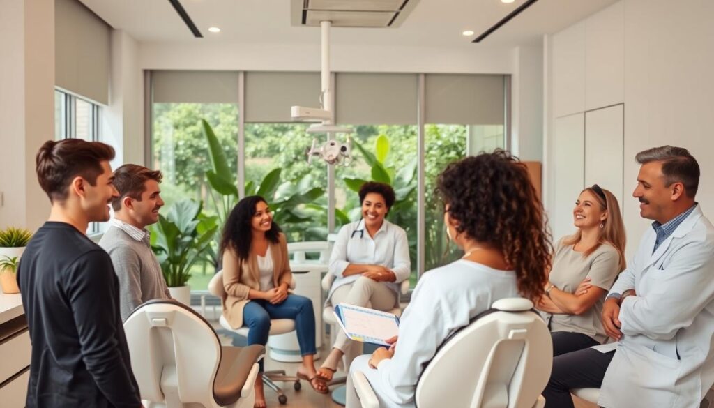 A modern, clean-lined dental clinic interior, with a minimalist, inviting atmosphere. In the foreground, a diverse group of patients - young and old, from various backgrounds - engaged in thoughtful discussion with a friendly, approachable dentist. The middle ground features ergonomic dental chairs and state-of-the-art equipment, conveying a sense of professionalism and attention to patient comfort. The background showcases floor-to-ceiling windows overlooking a serene, plant-filled outdoor landscape, creating a soothing, natural ambiance. Warm, soft lighting and muted, earthy tones evoke a calming, trustworthy environment tailored to the specific needs of the clinic's target audience.